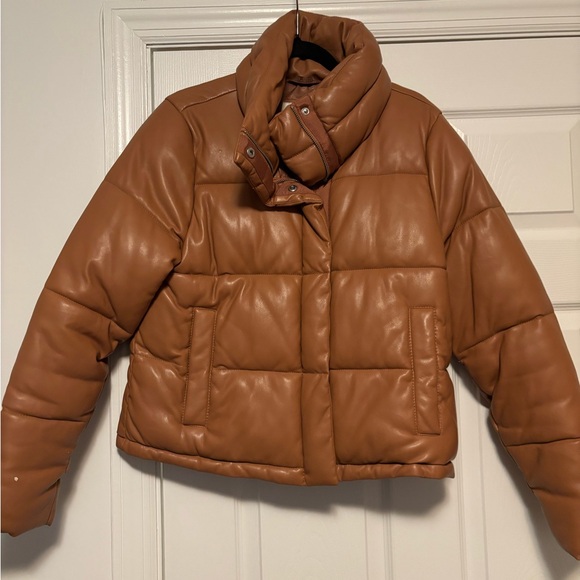 Abercrombie & Fitch Vegan Leather Puffer Coat Brown Size Large - Picture 3 of 8